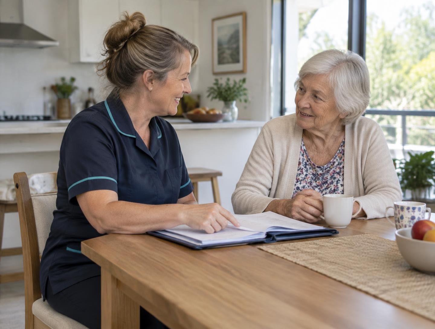 Community nurse discussing a care plan with an older person at home